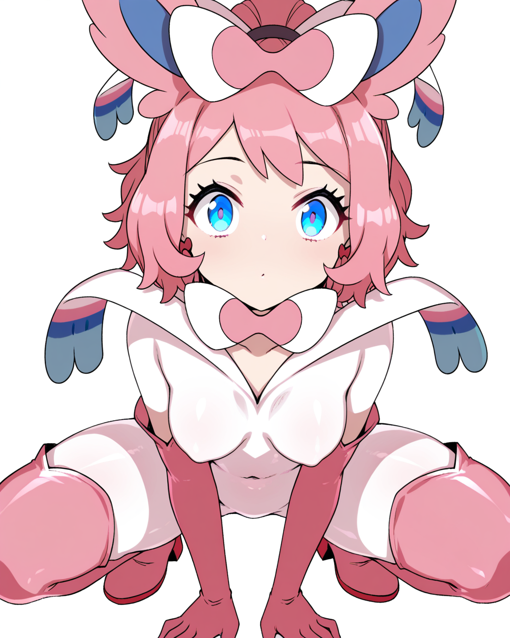 1girl, solo, serena \(pokemon\),animal ears,pink hair,bow-shaped hair,blue eyes, alternate costume, pokemon fusion, fusion, mind control, sylveon \(cosplay\), pink bow, pink fur, white bodysuit, pink elbow gloves, pink thigh boots, kusano houki, squatting, hands on floor, looking at viewer, simple background, white background, masterpiece, best quality, very aesthetic, absurdres