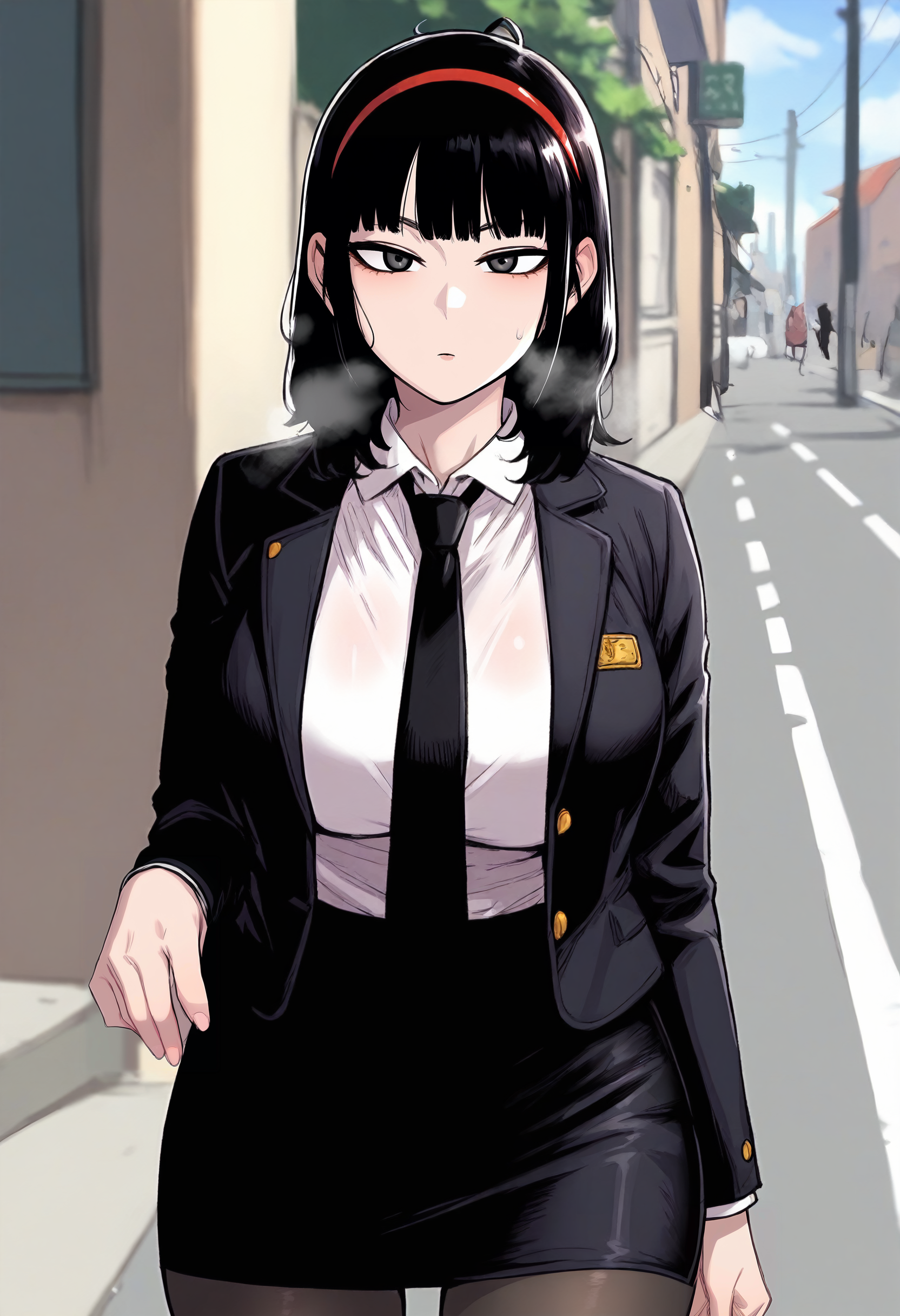 score_9, score_8_up, score_7_up, score_6_up, source_anime, rating_explicit, 1girl, solo, huge breasts, <lora:Seol Hyo-rim prefectPonyxl:0.85> black hair, grey eyes, black eyes, medium hair, red hairband, blunt bangs, black necktie, black jacket, collared shirt, white shirt, pencil skirt, black skirt, black pantyhose, expressionless, Narrow shoulders, heavy breathing, steaming body, street, outdoors, looking at viewer