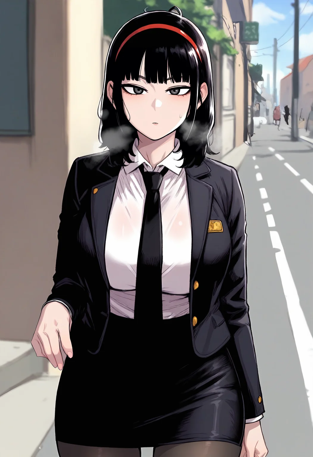 score_9, score_8_up, score_7_up, score_6_up, source_anime, rating_explicit, 1girl, solo, huge breasts, <lora:Seol Hyo-rim prefectPonyxl:0.85> black hair, grey eyes, black eyes, medium hair, red hairband, blunt bangs, black necktie, black jacket, collared shirt, white shirt, pencil skirt, black skirt, black pantyhose, expressionless, Narrow shoulders, heavy breathing, steaming body, street, outdoors, looking at viewer