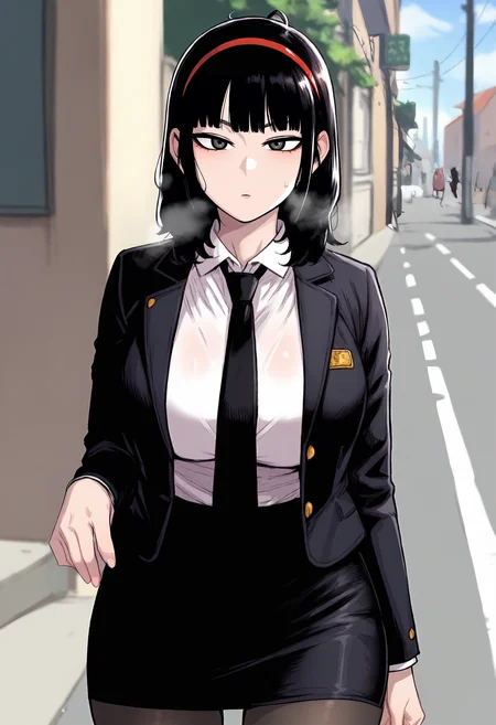 score_9, score_8_up, score_7_up, score_6_up, source_anime, rating_explicit, 1girl, solo, huge breasts, <lora:Seol Hyo-rim prefectPonyxl:0.85> black hair, grey eyes, black eyes, medium hair, red hairband, blunt bangs, black necktie, black jacket, collared shirt, white shirt, pencil skirt, black skirt, black pantyhose, expressionless, Narrow shoulders, heavy breathing, steaming body, street, outdoors, looking at viewer
