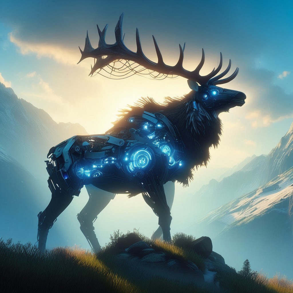 (Ultra Realistic:1.0),32k,(Masterpiece:1.0),(High Detailed Skin:1.0),( High Quality:1.0), (Detailed Realistic Background:1.3), (Official Art, Beautiful and Aesthetic:1.2), (Realistic Lighting:1.0), glowing, day, science fiction, nature, grass, deer, scenery, mountain, non-humanoid robot, forest, "An imposing, machine-like elk standing majestically on mountain edge looking at sky, its intricate mechanical parts inspired by the Horizon Zero Dawn style. The elk’s body is a blend of organic and metallic elements, with glowing blue lights coursing through its frame, reflecting the technological sophistication of a bygone era. Its angle are vast and sharp, made of gleaming steel, resembling a regal crown.
The scene is set in a deep of field, epic cinematic lighting, view from below dramatic sky with beams of cinematic light piercing through the canopy, casting dramatic shadows across the elk’s form. The atmosphere is epic and tense, as the elk stands still, as if inspecting its surroundings with quiet intelligence. The mood is both mysterious and foreboding, emphasizing the contrast between nature and technology, framed in high resolution and intense detail, evoking the visual grandeur and storytelling depth of Horizon Zero Dawn."