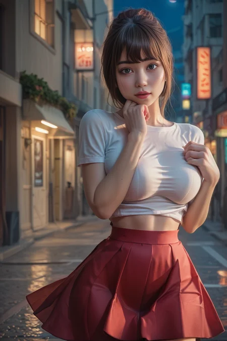 score_9, score_8, score_7, high quality, 1 woman, <lora:HaEunDove:1>, HaEunDove, choppy bangs, perfect eyes, large breasts, natural beauty, sexy body, short sleeved blouse, skirt, looking at viewer, city street, late at night, realistic, high quality face, zPDXL2