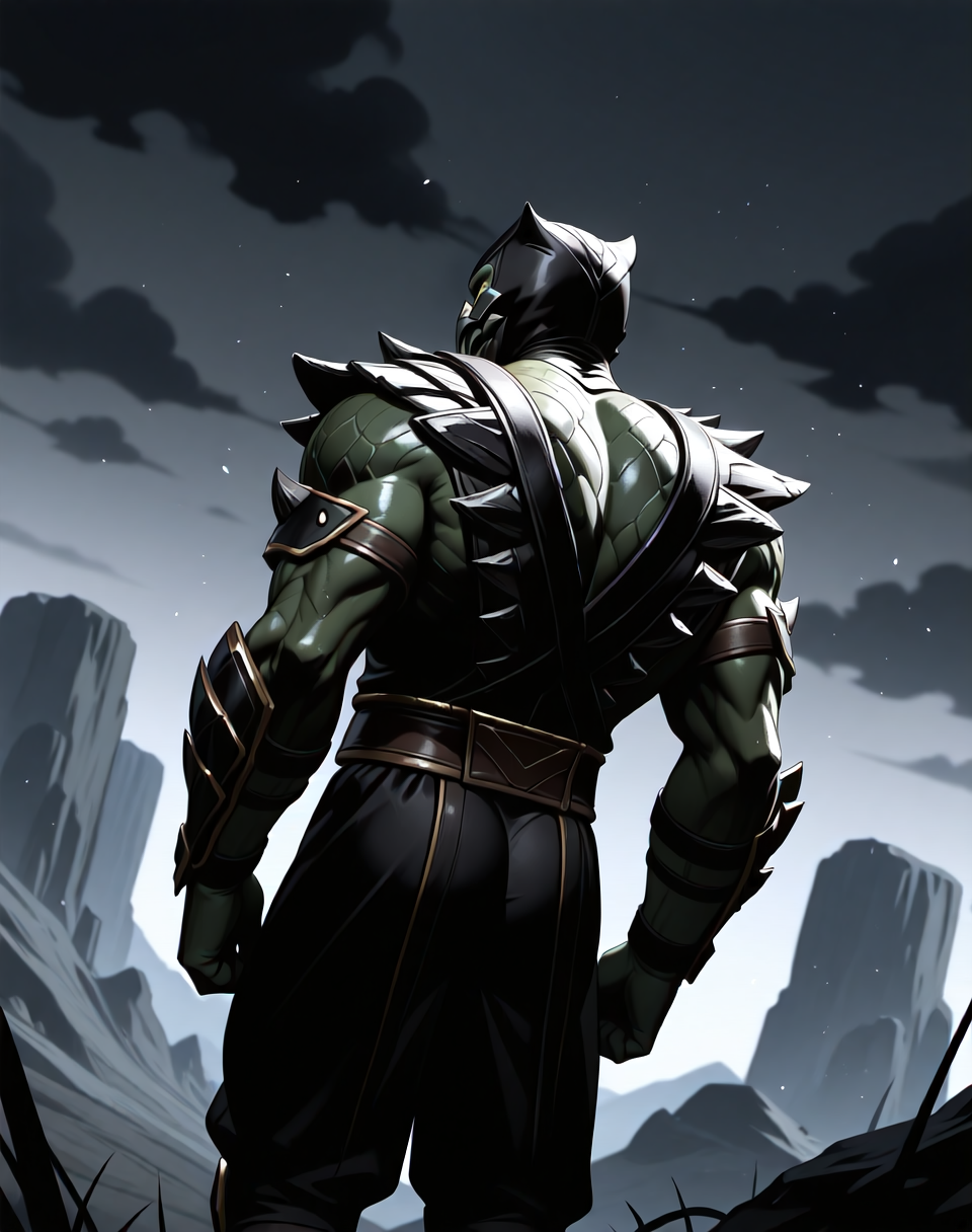 <lora:Reptile_X_(Mortal_Kombat)_(Illustrious)_(AD):1> Reptile_MK, muscular, Mortal Kombat, 
dutch angle, exterior, monumental architecture, wasteland, dark night sky with black clouds, 
male focus, gradient coloring, villain, intimidating, fierce, back view, butt, 
BREAK very awe, aesthetically pleasing, masterpiece, best quality, amazing quality, very aesthetic, perfect depth of field shot, in'ei, source_furry, furry_art, 
Smooth Quality, lazympos, IllustQualXL_Pos,