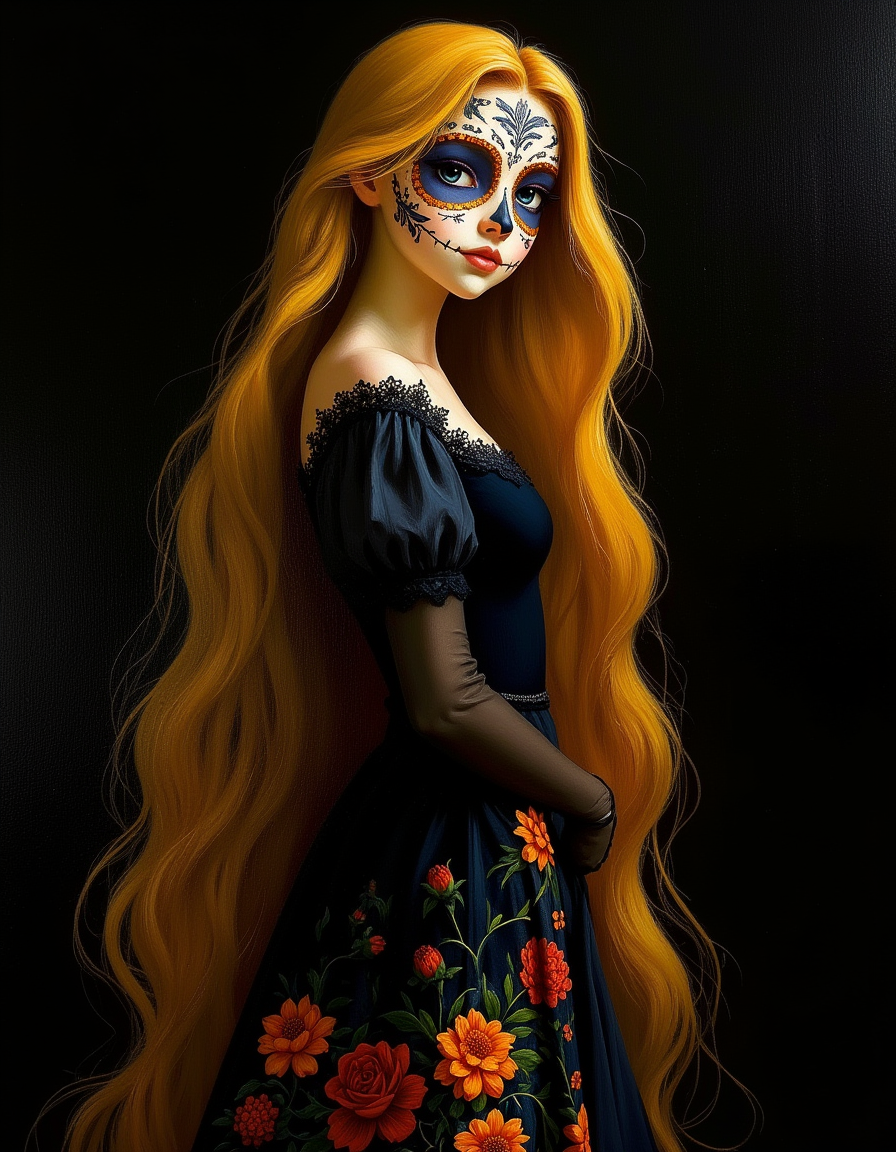masterpiece, high quality, Oil Painting, Hyper-realistic, half body portrait of a young teen Rapunzel portrayed in Dia De Muertos makeup, her face adorned with intricately painted sugar skull designs in hues of white, gold, and vibrant colors. She has 70 foot long, flowing golden hair, styled into elegant waves that cascade gracefully down her back.  She is a pale, almost translucent white skin. She wears a striking black dress embellished with elaborate floral embroidery in radiant colors such as red, orange, yellow, and green, resembling traditional Mexican patterns. Her posture exudes grace and regality, and her blue eyes are soulful and expressive. The background is a solid black, ensuring she stands out prominently, with a subtle glow or halo effect to add an ethereal touch. The scene is rich in cultural detail, celebrating the essence of Dia De Muertos with dignity and artistic flair.  Her body is skinny and petite. Shadow and light, Masterpiece, intricate lines, intriguing atmosphere, sharp magnificent details, oil painting, delicate features, elaborate details, (2\3 rule composition:0.5), ultra detailed, romantic, Rembrandt lighting, brush stroke, lovely, del1cate_balance style, novuschroma, in the style of Rembrandt. vantablack <lora:style_of_Rembrandt_FLUX_135:.8> <lora:- Flux1 - vanta_black_V2.0:.3> <lora:Delicate_Balance:.3> <lora:neeeg_f1:-1> <lora:113_novuschromaFLX_1:.2> <lora:zavy-disney-rapunzel-fxl:.3>