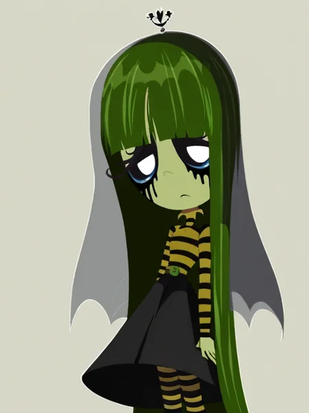 score_9, score_8_up, score_7_up,
1girl, misery gloom, very long hair, green hair, blunt bangs, green skin, black sclera, white eyes, looking at viewer, half-closed eyes,
runny makeup,
standing, green t-shirt, striped shirt, long sleeves, striped legwear, black skirt, veil,