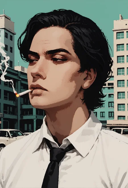 score_9, score_8_up, score_7_up, 1boy, from side, upper body, white shirt, collared shirt, looking away, black hair, green theme, monochrome, black tie, rolled up sleeves, smoking cigarette, cigarette in mouth, expressionless, half-closed eyes, frown, buildings, smoke, <lora:dcr34sed-c0l0ring-20:0.8>, dcr34sed_c0l0ring