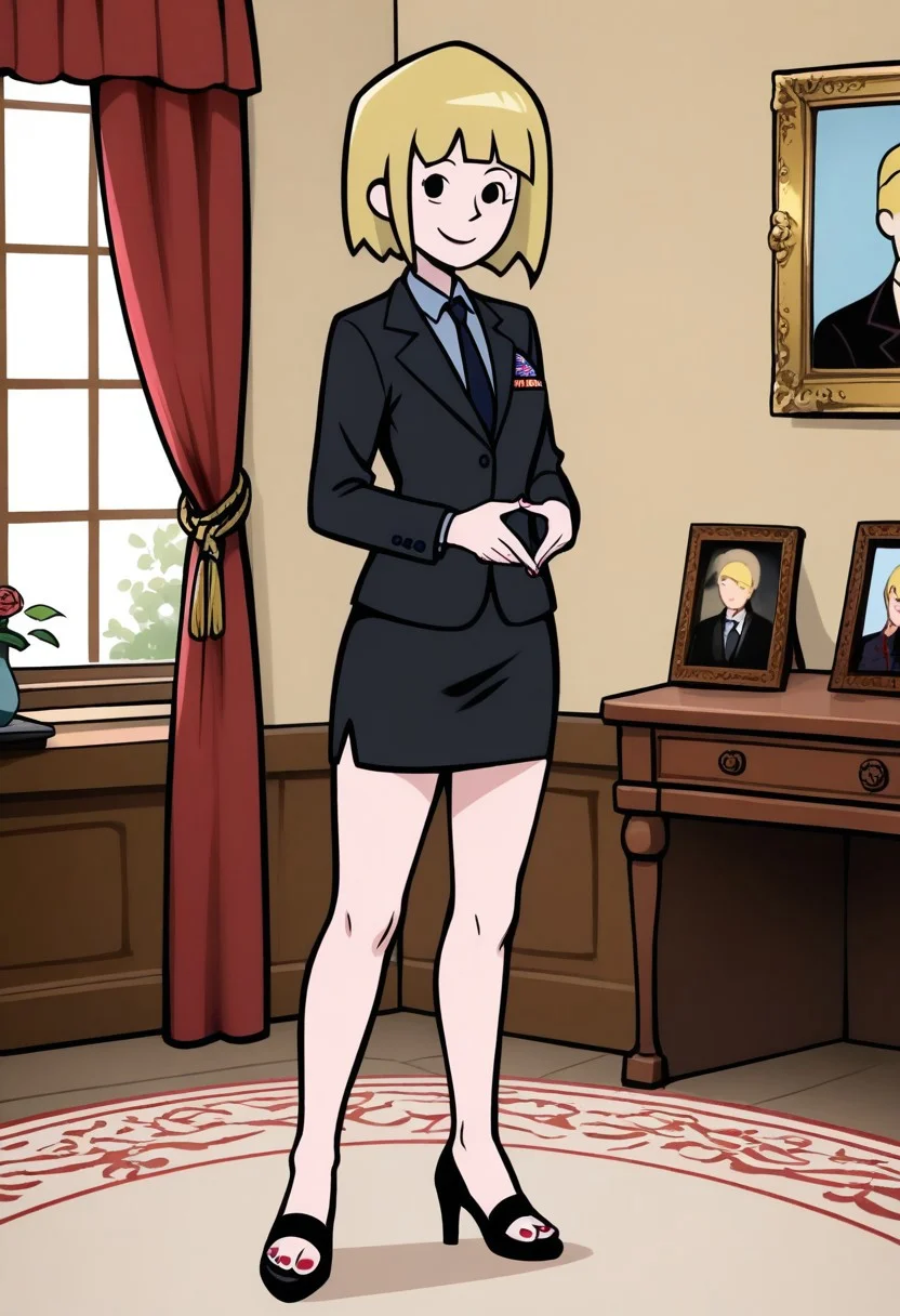 score_9, score_8_up, score_7_up, score_6_up, score_5_up, 1girl, solo,
masterpiece, best quality, absurdes,
(source_cartoon),
<lora:Nora's Mom (Storybooth) (Illust):0.8>
Nora_Mom_Storybooth, blonde hair, short hair, Dot eyes, 1girl, solo, smile, perfect Small flat chest natural breasts, standing, Full body, barefoot, perfect hands 4fingers, perfect barefoot, Perfect toes, 4toes,
Black jacket, blazer, necktie, black suit, black pencil medium skirt, black high heels sandals, high heels, toes, toenail polish, looking at viewer, indoors, detailed background, seal of the president of the United States, curtains, window, flag, American flag, painting,
<lora:Detailer_NoobAI_Incrs_v1:0.4> detailed,