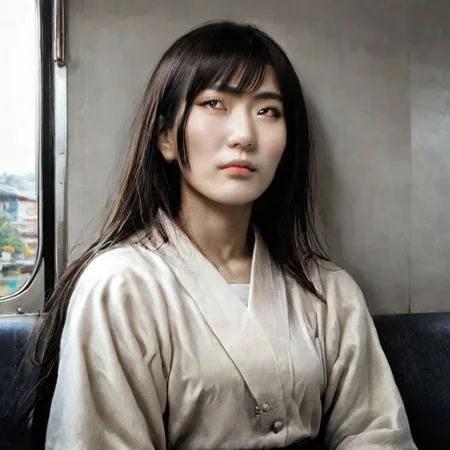 score_9, score_8_up, score_7_up, masterpiece, very high quality, japanese woman, asian face, 1 girl, high cheekbones, flat nose, very wide face, grey eyes, gray eyes, sitting, white shirt, jeans, epiCPhoto, legsonthetra1n, from front, sitting across from viewer, train interior