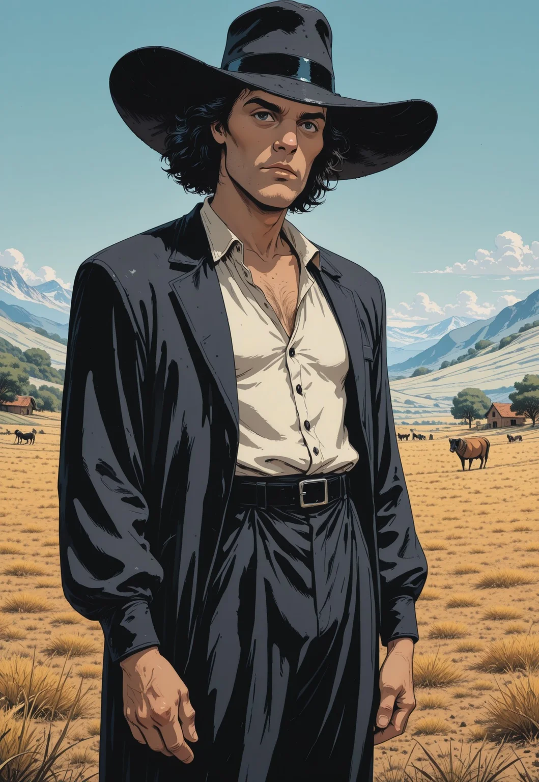 A close-up comic book style illustration of a tall, slender, stylish, roguishly handsome and mysterious cowboy, wearing a stylish suit and black, broad-billed hat, stands isolated in a bleak, rural landscape with an old farmhouse, black-and-white noir photography style, Enki Bilal, Geoff Darrow, Philippe Druillet, Edgar P. Jacobs, Brandon Graham, Linnea Sterte, James Stokoe, Hayao Miyazaki, Katsuhiro Otomo, François Schuiten,
anime meets ligne claire meets Americana, Westworld meets Cowboy Bebop, RvR_Comic_Style