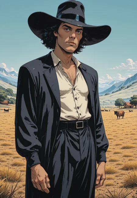 A close-up comic book style illustration of a tall, slender, stylish, roguishly handsome and mysterious cowboy, wearing a stylish suit and black, broad-billed hat, stands isolated in a bleak, rural landscape with an old farmhouse, black-and-white noir photography style, Enki Bilal, Geoff Darrow, Philippe Druillet, Edgar P. Jacobs, Brandon Graham, Linnea Sterte, James Stokoe, Hayao Miyazaki, Katsuhiro Otomo, François Schuiten, 
anime meets ligne claire meets Americana, Westworld meets Cowboy Bebop, RvR_Comic_Style
