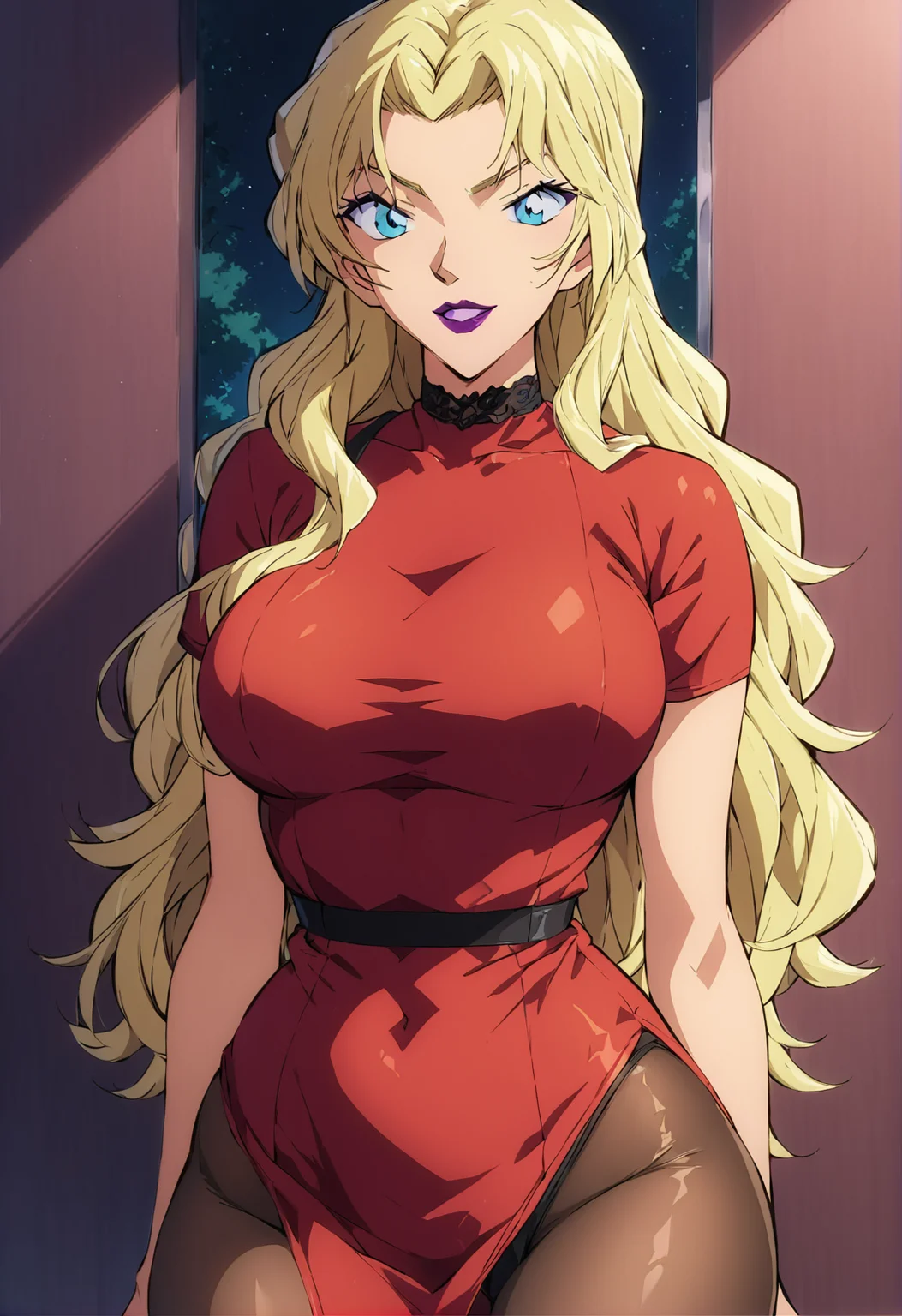 score_9, score_8_up, score_7_up, score_6_up, Light Outline,
large breasts, thin thighs,large ass, thin hips,thin waist,
(((Portrait,Front view,top view, half-body,)))
Vermouth,long hair,blonde hair,makeup,purple lips,lipstick,blue eyes,red dress,
(Sheer Textured Dark Pantyhose,),
<lora:PONY_Berumotto__Vermouth_Anime_Detective_Conan:1>