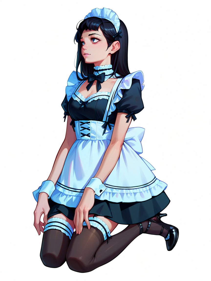 score_9, score_8_up, score_7_up, score_6_up, score_5_up,  <lora:maidXLP:0.8> maid apron, maid, maid headdress, thighhighs, wrist cuffs, 1girl, white background, high heels, black hair, kneeling,  <lora:1ly4XLP:1> 1ly4