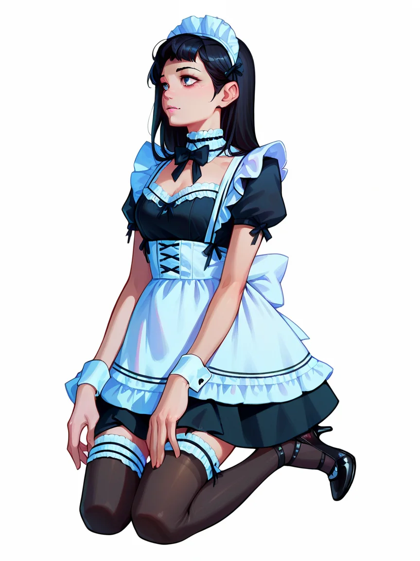 score_9, score_8_up, score_7_up, score_6_up, score_5_up, <lora:maidXLP:0.8> maid apron, maid, maid headdress, thighhighs, wrist cuffs, 1girl, white background, high heels, black hair, kneeling, <lora:1ly4XLP:1> 1ly4
