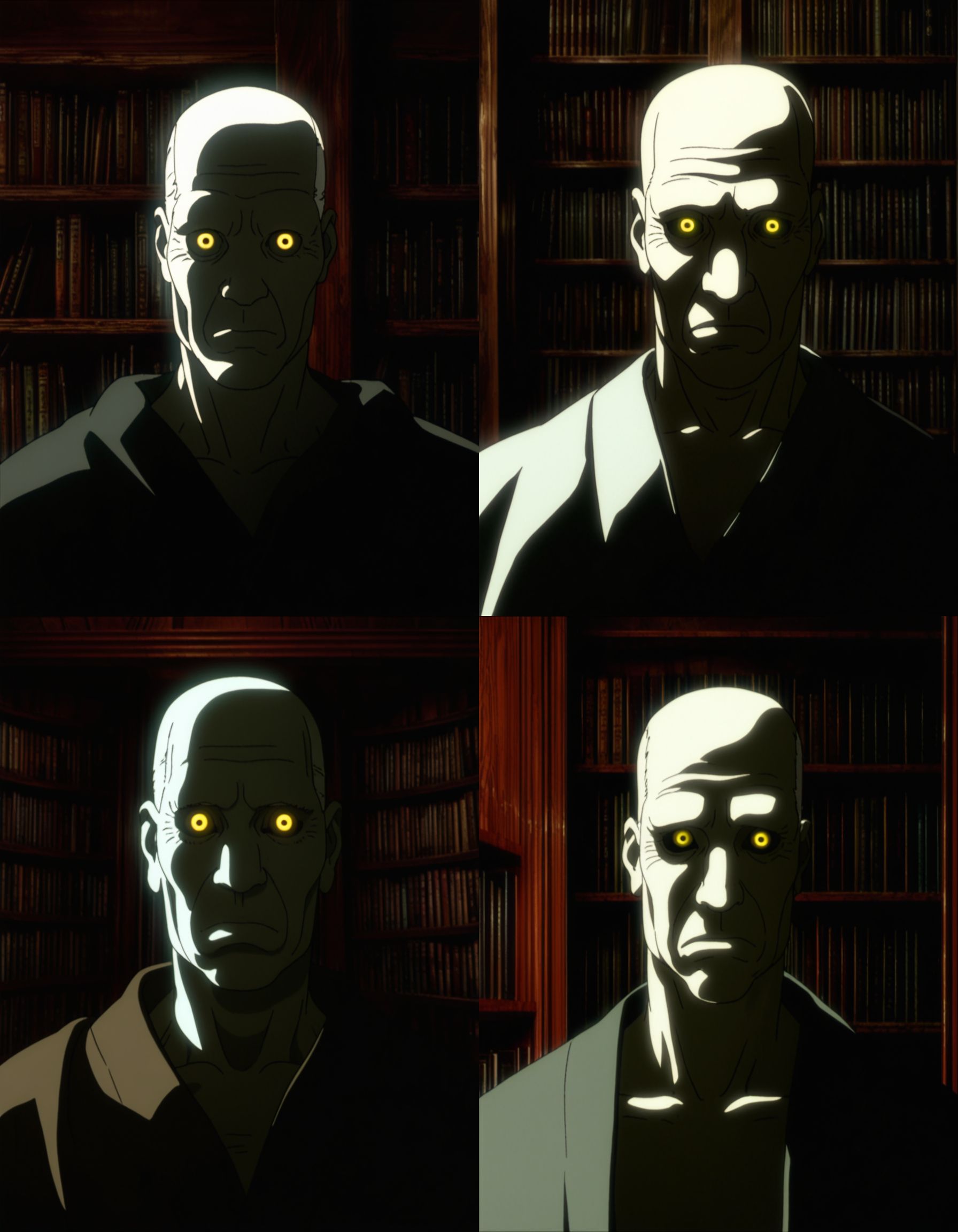 best quality, highres, absurdres, masterpiece,bald, solo, 1boy, Kim Puppetmaster, yellow eyes, colored sclera, library, bookshelf, glowing eyes, indoors, glowing, portrait, old, black sclera, old man, book, robe, colored skin, horror (theme), looking at viewer, closed mouth, wrinkled skin, anime screenshot, 
(artist: sabudenego:0.4), (artist: abara heiki:0.4),  (by soejima shigenori:0.4), 
 <lora:GITS 2 innocence Illustrious:0.5> <lora:GITS Illustrious:0.5>