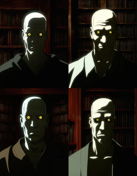 best quality, highres, absurdres, masterpiece,bald, solo, 1boy, Kim Puppetmaster, yellow eyes, colored sclera, library, bookshelf, glowing eyes, indoors, glowing, portrait, old, black sclera, old man, book, robe, colored skin, horror (theme), looking at viewer, closed mouth, wrinkled skin, anime screenshot, 
(artist: sabudenego:0.4), (artist: abara heiki:0.4),  (by soejima shigenori:0.4), 
 <lora:GITS 2 innocence Illustrious:0.5> <lora:GITS Illustrious:0.5>