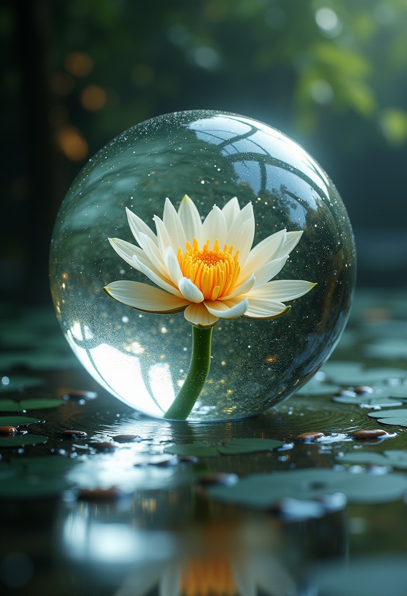 8k analog photo, best quality, masterpiece, super realistic, extreme cinematic, water flower crystal sphere, (extreme realism masterpiece),soft light, aesthetic, hight detailed realistic light and shadows, realistic light aberration,