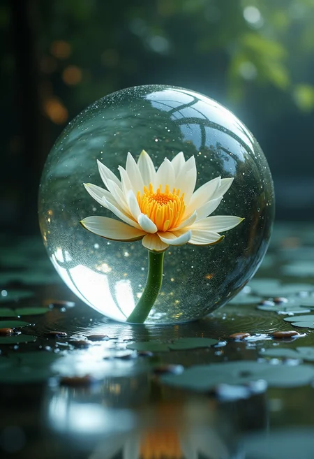 8k analog photo, best quality, masterpiece, super realistic, extreme cinematic, water flower crystal sphere, (extreme realism masterpiece),soft light, aesthetic, hight detailed realistic light and shadows, realistic light aberration,