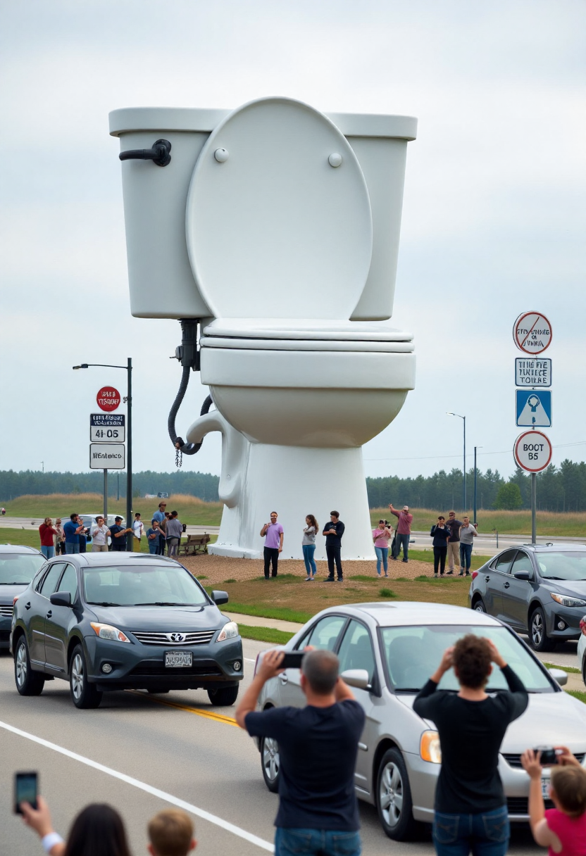 <lora:Roadside_Attraction_Assembler_FLUX_r1-000007:0.9>
Photo depicting a surreal scene at a "world's largest toilet" roadside attraction including people taking photos of it and cars parked near it.
