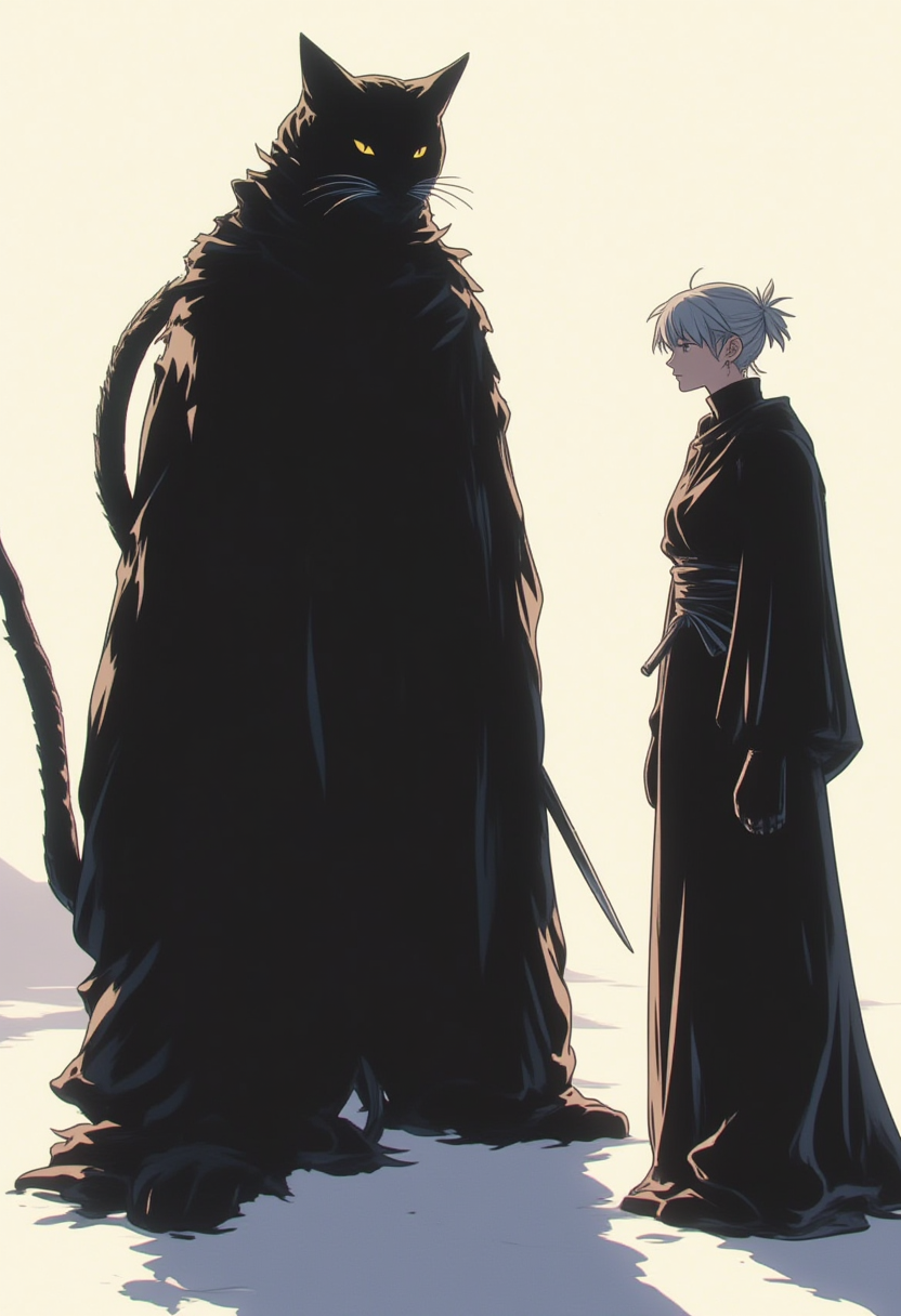<lora:NeonFantasyPrimeFLUX-000049:1> ne0nfant4sy,
to the right, a human character stands, dressed in a long, flowing dark robe. the character has a calm demeanor and is holding a staff or sword, suggesting they are prepared for battle. the character's face is partially obscured by the shadow of the cat's head, giving a sense of intimidation.