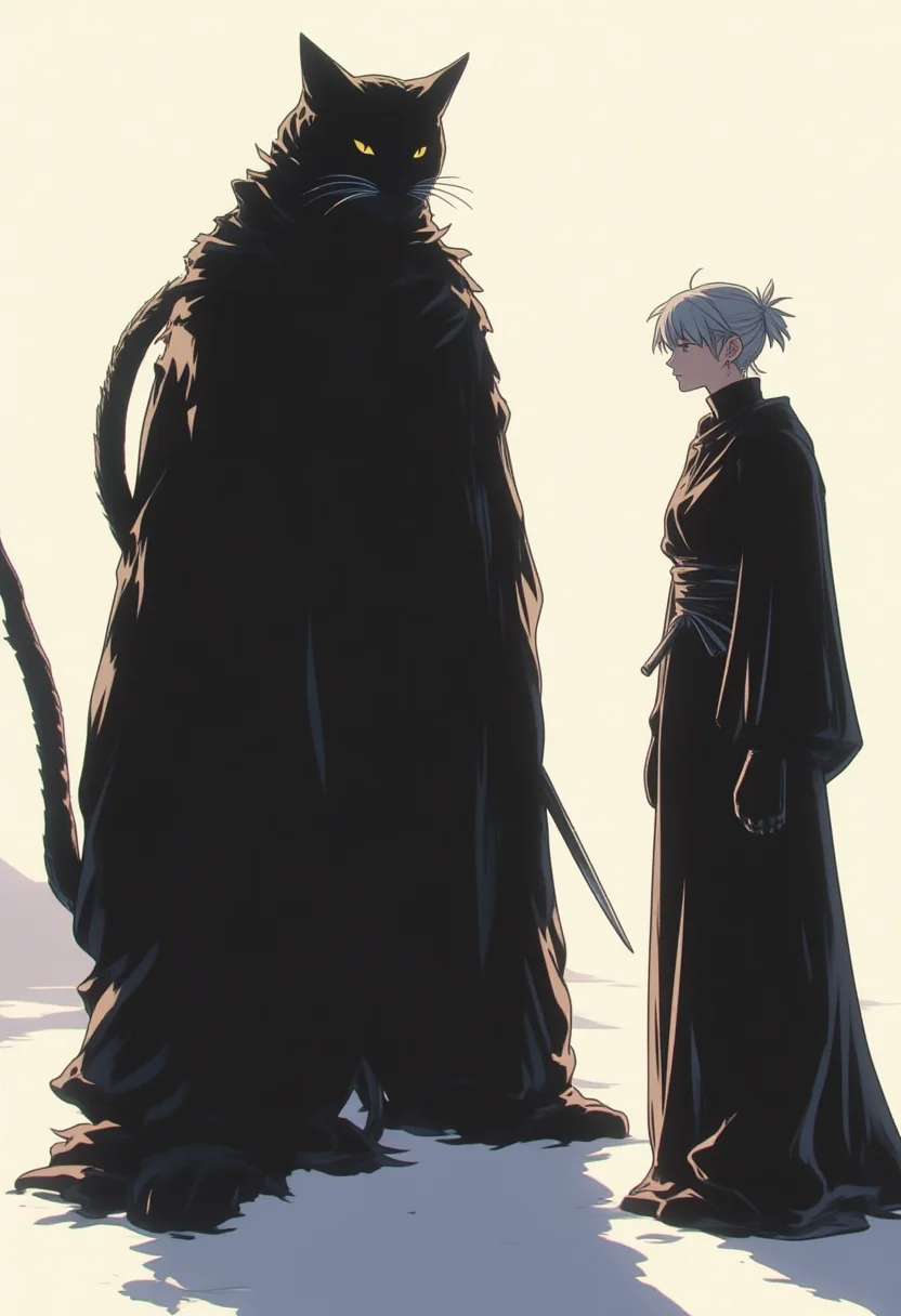 <lora:NeonFantasyPrimeFLUX-000049:1> ne0nfant4sy,
to the right, a human character stands, dressed in a long, flowing dark robe. the character has a calm demeanor and is holding a staff or sword, suggesting they are prepared for battle. the character's face is partially obscured by the shadow of the cat's head, giving a sense of intimidation.