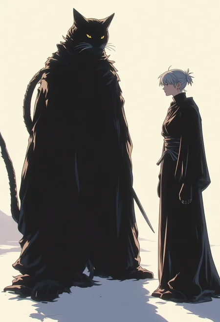 <lora:NeonFantasyPrimeFLUX-000049:1> ne0nfant4sy,
to the right, a human character stands, dressed in a long, flowing dark robe. the character has a calm demeanor and is holding a staff or sword, suggesting they are prepared for battle. the character's face is partially obscured by the shadow of the cat's head, giving a sense of intimidation.