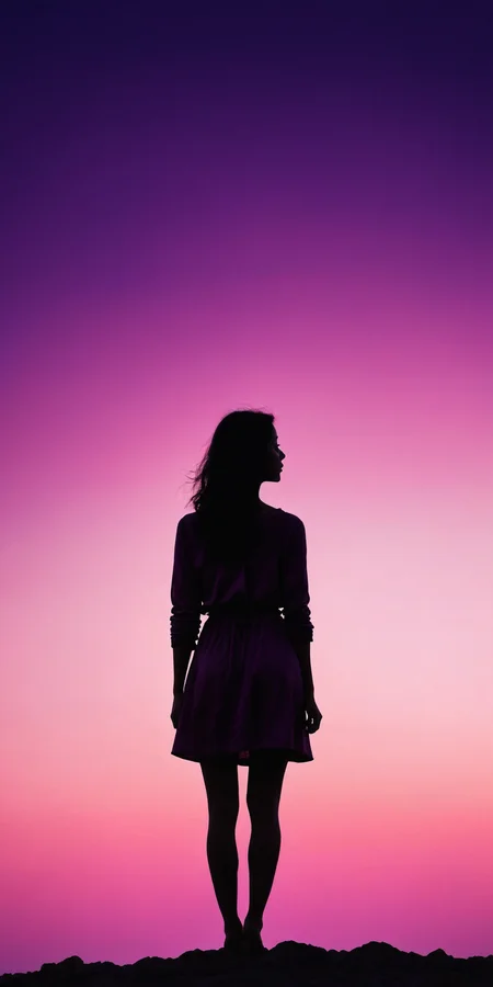 Woman's back,silhouette,pink and purple sky,sunset,serene,warm,surrealism style,high contrast,high definition photography,<lora:HMSGåªå½±XL-000001:0.8>,