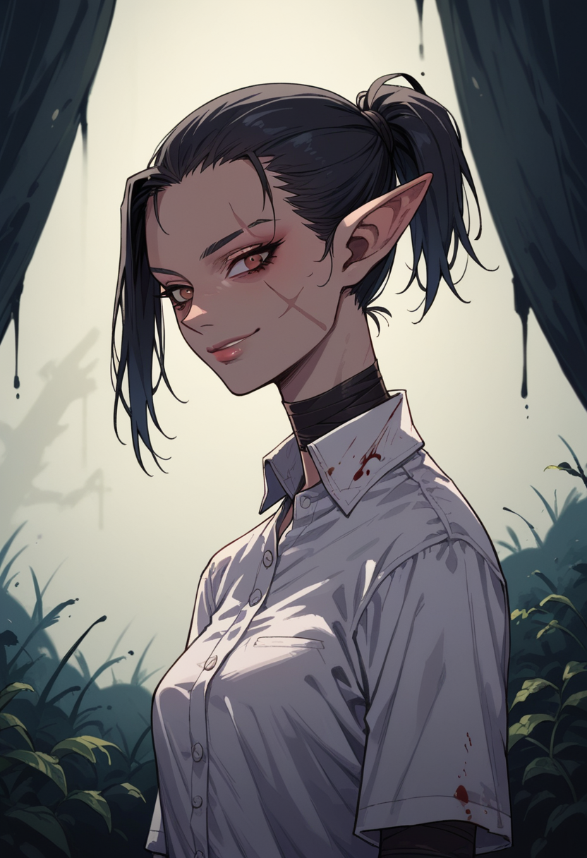 score_9, score_8_up, score_7_up, 1girl, solo, SulfS-S3B1LL3, upper body,
pointy ears, black hair, short hair, low ponytail, brown eyes,
skinny, tall,
white shirt,
evil smile, blood covered, holding dagger, upper body, scar on cheek, grim background, night,
<lora:Sebille_Kaleran_Divinity_Original_Sin_2-000003:0.7>,  <lora:Sinozick_Style_XL_Pony:1> sinozick style, flat color, dark theme