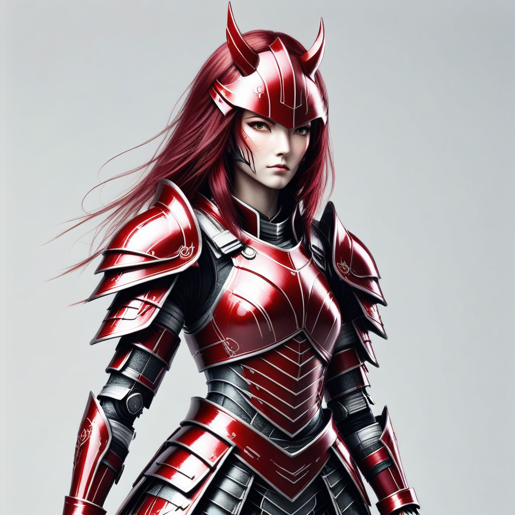cbrk, A stunning  woman entirely dressed in dark red armor, inspired by the style of traditional Japanese art. The woman has a captivating and mysterious expression, with large, doe-like eyes and flowing red hair. Her attire includes a heavy armor with intricate patterns and a luxurious obi sash <lora:cybrk-knight:1>