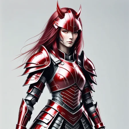 cbrk, A stunning  woman entirely dressed in dark red armor, inspired by the style of traditional Japanese art. The woman has a captivating and mysterious expression, with large, doe-like eyes and flowing red hair. Her attire includes a heavy armor with intricate patterns and a luxurious obi sash <lora:cybrk-knight:1>