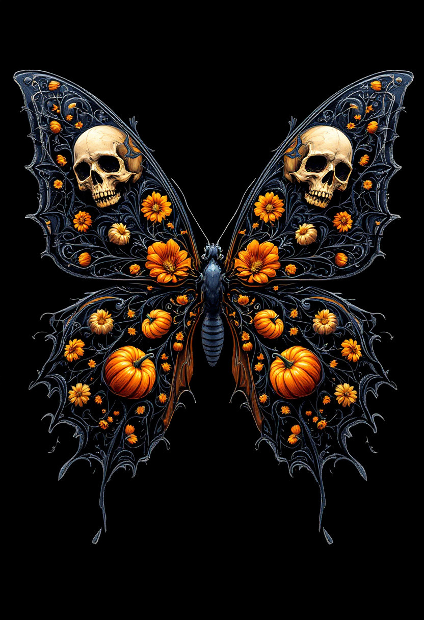 "Create a hyper-stylistic image of a butterfly with its wings splayed out in a dramatic, symmetrical pose. The wings themselves are a masterpiece of Halloween-themed design, with intricate, swirling patterns that resemble skulls and pumpkins. The skulls are delicate and ornate, with tiny details and textures that give them a lifelike quality. The pumpkins are similarly detailed, with ridges and crevices that make them look like they were plucked straight from a patch. The background is a deep, rich black, which allows the vibrant colors of the wings to pop and shine. Incorporate intricate details and textures to bring the butterfly and its wings to life, with a focus on capturing the sense of wonder and magic that comes with Halloween." highest-Quality, intricate details, visually stunning, Masterpiece