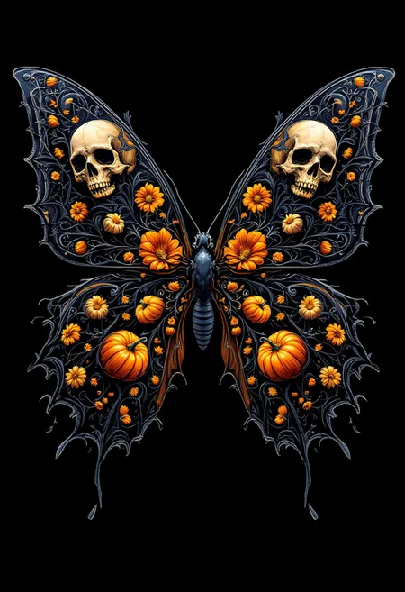 "Create a hyper-stylistic image of a butterfly with its wings splayed out in a dramatic, symmetrical pose. The wings themselves are a masterpiece of Halloween-themed design, with intricate, swirling patterns that resemble skulls and pumpkins. The skulls are delicate and ornate, with tiny details and textures that give them a lifelike quality. The pumpkins are similarly detailed, with ridges and crevices that make them look like they were plucked straight from a patch. The background is a deep, rich black, which allows the vibrant colors of the wings to pop and shine. Incorporate intricate details and textures to bring the butterfly and its wings to life, with a focus on capturing the sense of wonder and magic that comes with Halloween." highest-Quality, intricate details, visually stunning, Masterpiece