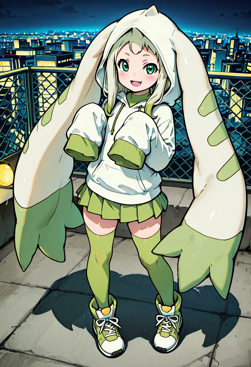 masterpiece, best quality, 1girl, solo,    zzTerriermon,  1girl, solo, white hoodie, oversized sleeves, green stripes, long ear-like hoodie ends, paw print accents, green pleated skirt, thighhighs, digital pattern, fingerless gloves, playful expression, green eyes, open mouth smile, high tops, rooftop, city background A soft cream hoodie with oversized, floppy sleeves designed to mimic Terriermonâs long ears. Green stripes run down the sleeves and sides, ending in subtle paw print designs. A green pleated skirt bounces just above mid-thigh, paired with cream thighhighs and green-trimmed sneakers. Digital patterns subtly glow at the seams, echoing a Digimon core.      ,<lora:TerriermonDigimon_IXL:1.0>,