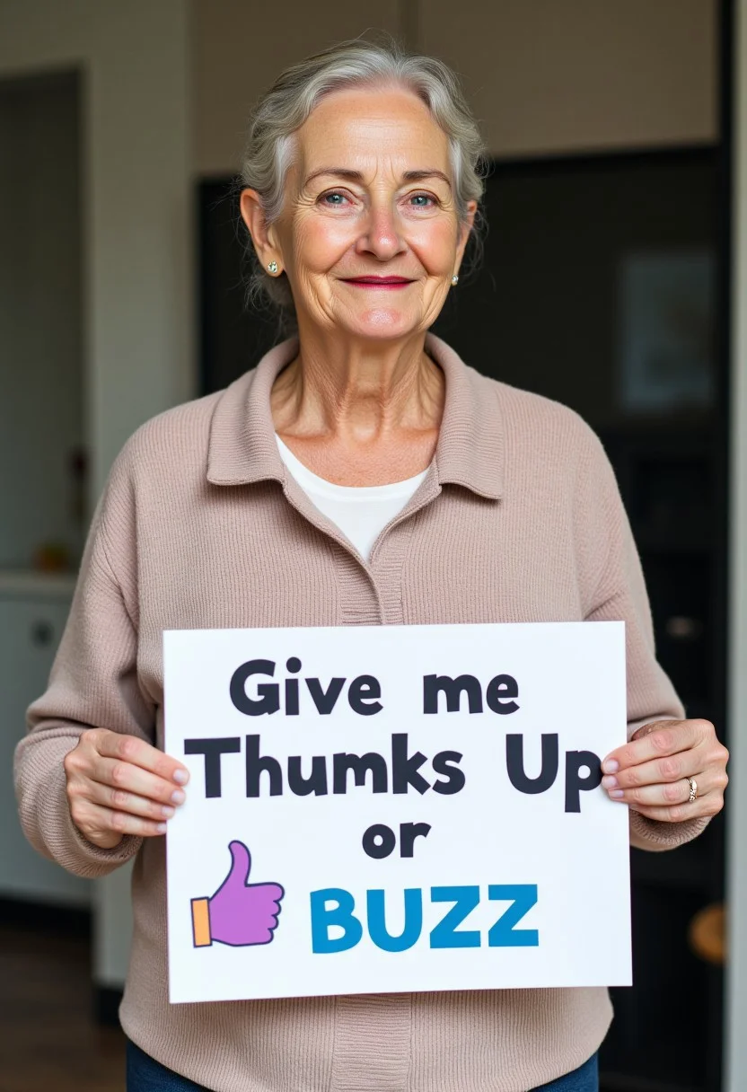 mature woman holding a sign it says "give me thumbs up or buzz",