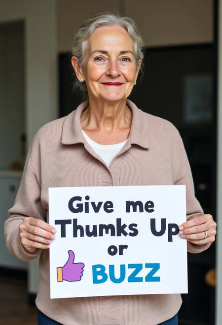 mature woman holding a sign it says "give me thumbs up or buzz",