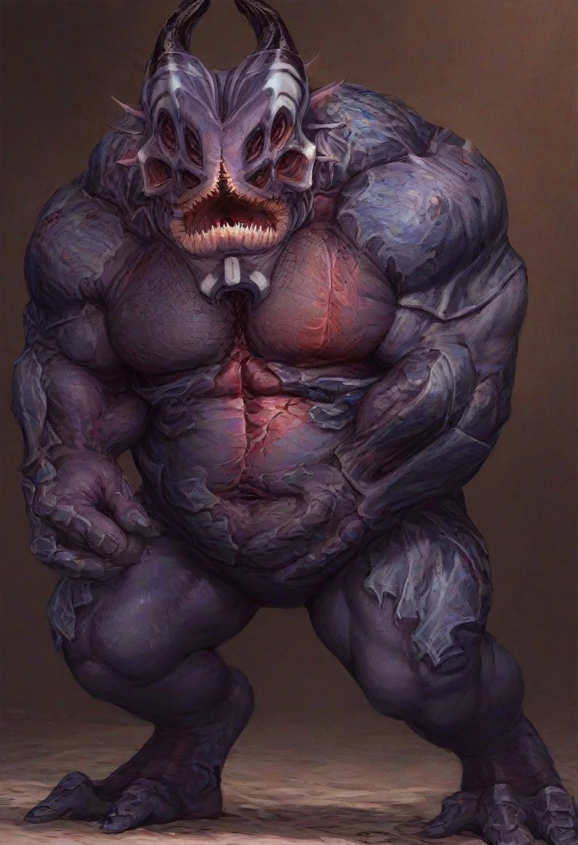 score_9, score_8_up, score_7_up, 1boy, Yahg, 
alien monster, four pairs of eyes, triangular mouth, sharp teeth, two large horns, 
scaly armored skin, large muscular body, giant body, 
three fingers, two fingers and one thumb, three toes,  solo,
multicolored skin, grey skin, purple skin, white facial tattoo, 
perfect detailed hands, soft lighting, subsurface scattering,