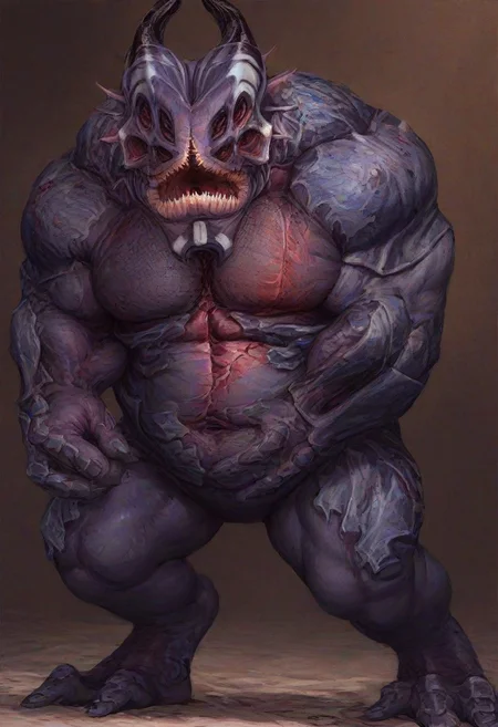 score_9, score_8_up, score_7_up, 1boy, Yahg, 
alien monster, four pairs of eyes, triangular mouth, sharp teeth, two large horns, 
scaly armored skin, large muscular body, giant body, 
three fingers, two fingers and one thumb, three toes,  solo,
multicolored skin, grey skin, purple skin, white facial tattoo, 
perfect detailed hands, soft lighting, subsurface scattering,