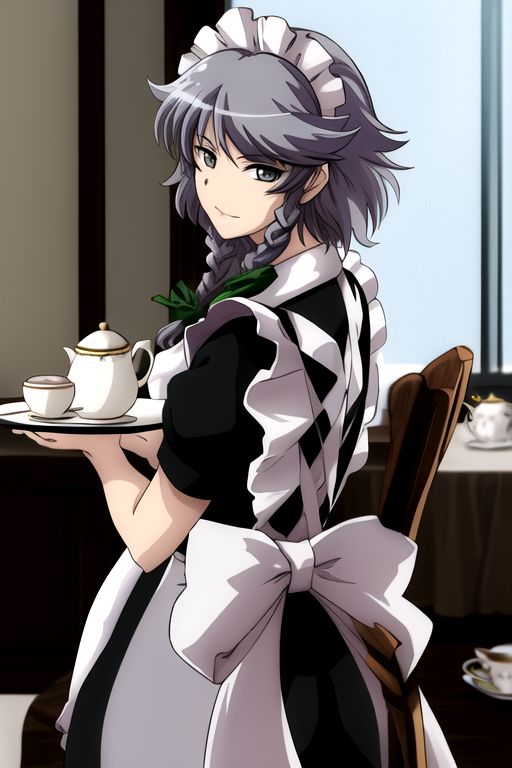 izayoi sakuya, 1girl, apron, balcony, black dress, braid, chair, cup, dress, grey eyes, grey hair, hair ribbon, looking back, maid, ribbon, saucer, solo, table, tea set, teacup, teapot, tray, twin braids, 
masterpiece, best quality, very aesthetic, absurdres, pixiv, anime coloring