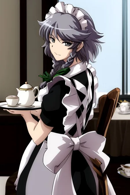 izayoi sakuya, 1girl, apron, balcony, black dress, braid, chair, cup, dress, grey eyes, grey hair, hair ribbon, looking back, maid, ribbon, saucer, solo, table, tea set, teacup, teapot, tray, twin braids,
masterpiece, best quality, very aesthetic, absurdres, pixiv, anime coloring
