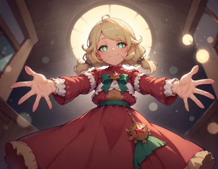 score_9,score_8_up,score_7_up,1girl,solo,looking at viewer,smile,closed mouth,glowing eyes,pov cheek warming,outstretched arms,fisheye lens,dark room,from below,bokeh,
<lora:yusakozue_ponyXLV6:0.8>,cgykz,blonde hair,low twintails,green eyes,long skirt