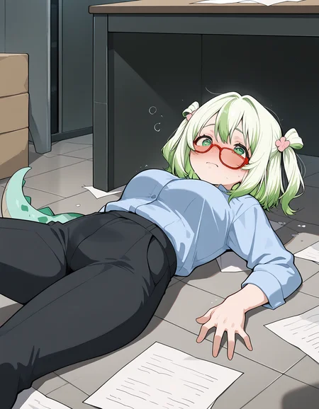 <lora:midis_CrookedEyewear_V0.51[IL]:1>, crooked eyewear, (clumsy:1.4), paper sheets, messy, dazed, <lora:midis_Midori_V2[IL]:1>, midori, tail, (red-framed eyewear:1.3), disheveled, leaning back, office lady, office, fallen down,, masterpiece,best quality, very aesthetic,absurdres,newest,