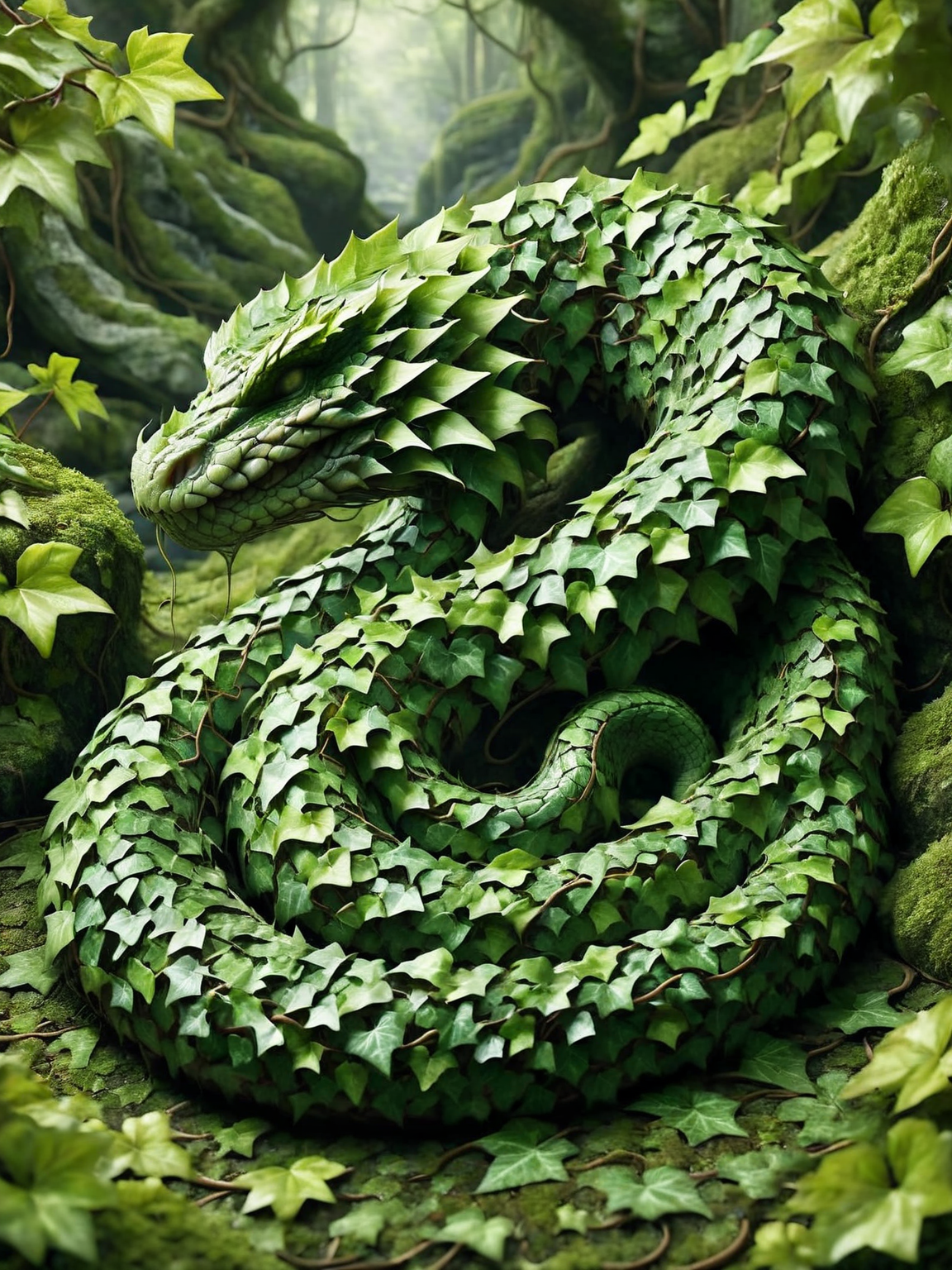 An ais-ivy serpent, slithering through a bed of sculpted ivy leaves, rests its head near a mossy rock within a clearing. <lora:ais-ivy-sdxl:1>
