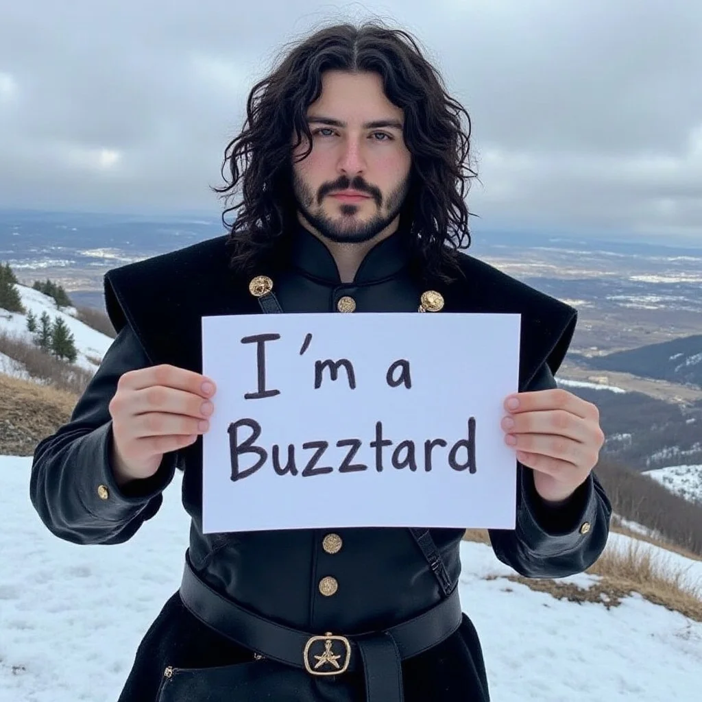 aidmamj6.1, 1boy, aidmamj6.1, Snapchat photo of, A photo of kit_harrington, jon_snow, black curly hair, long hair, medieval black clothes, beard, moustache, holding a handwritten note "I'm a Buzztard." background is a scenery of a snowy hill,