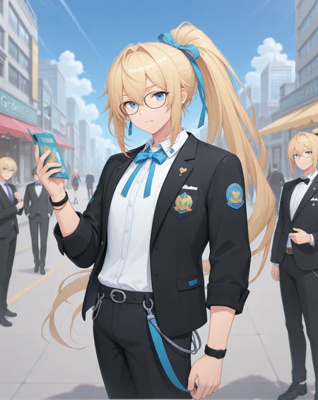 masterpiece,best quality,amazing quality, newest, very aesthetic, absurdres,
1boy, solo, yaoi, male focus, looking at viewer, cowboy shot, standing,
<lora:Grandiel_Commentator_ilxl:1> grandielcommentator, blonde hair, blue eyes, glasses, high ponytail, black-framed eyewear, hair between eyes, sidelocks, hair intakes,
formal, tuxedo, neck ribbon, white shirt, collared shirt, black pants, shoes, black footwear, suit jacket, black jacket,
outdoors, day, blue sky, building, people,