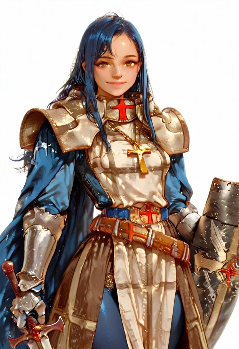 crusRO, armored dress, gauntlets, belt, cross, pauldrons, long cape, blue cape, tabard, cross necklace, gorget, brown pelvic curtain, blue pantyhose,
1girl,
looking at viewer,
long hair, blue hair, brown eye,
standing, upper body,
holding sword, holding shield, smile,
white background,
<lora:crusRoIllustriousV1.0-000005:0.97>