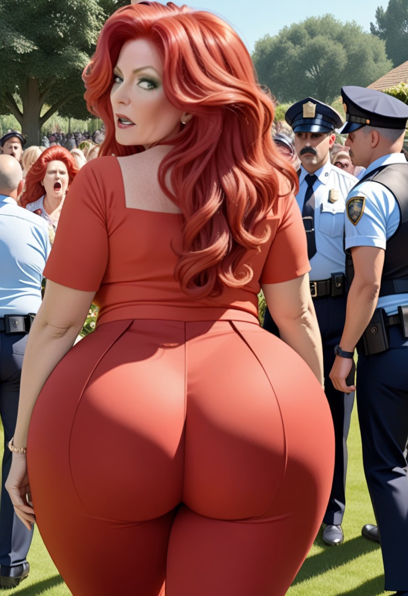 voluptuous misbehaving 60 years old woman
Big red hair
Tight bellbottom trousers, trousers too tight, trousers bursting at seams, sharp pleats, very distinctive panty lines
Shocked-look, big ass, garden party, crowd, 
Being arrested 
booty-view, close-up