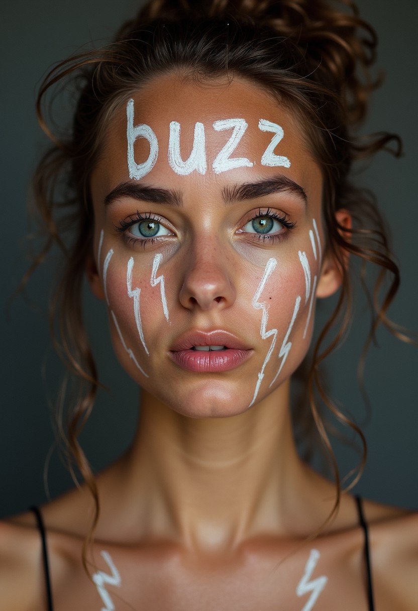 photo of a woman with the word "buzz" written all over her face. Upper body shot, thunderbolt pupils