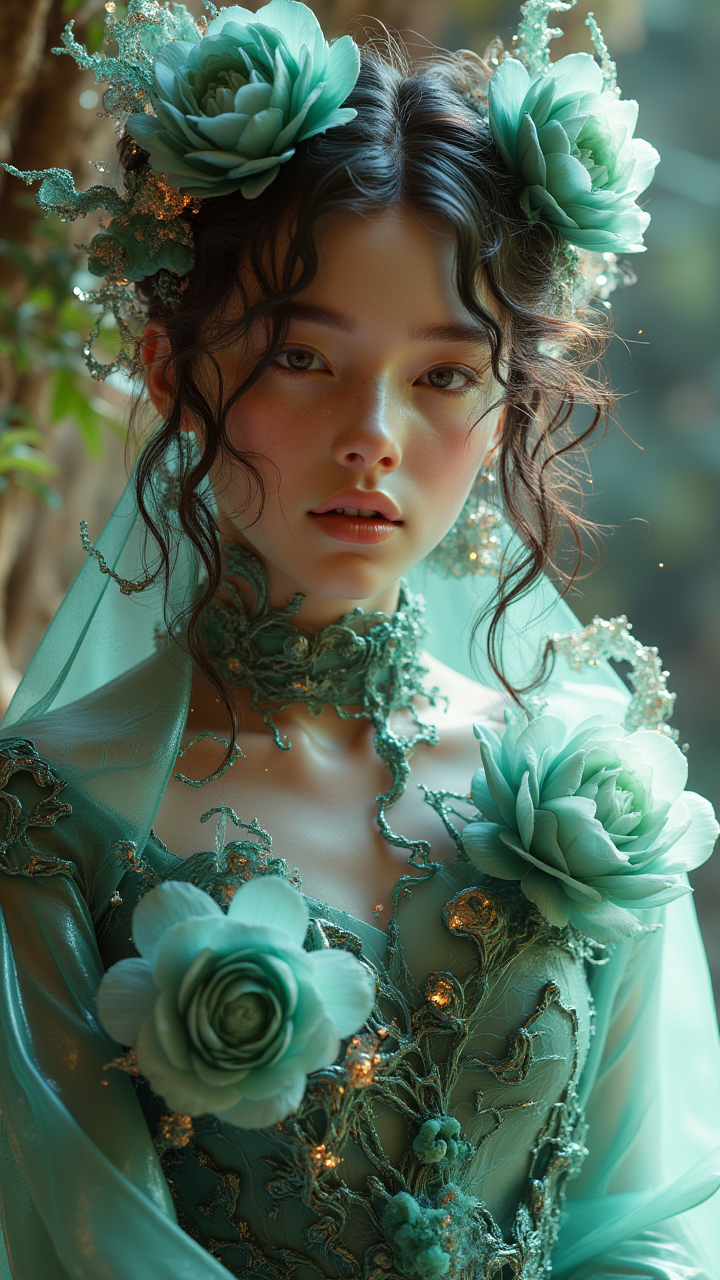 jade, a jade made beautiful art1fact girl, rose petals, rrp, wearing a jade petals made clothes, epic fantasy