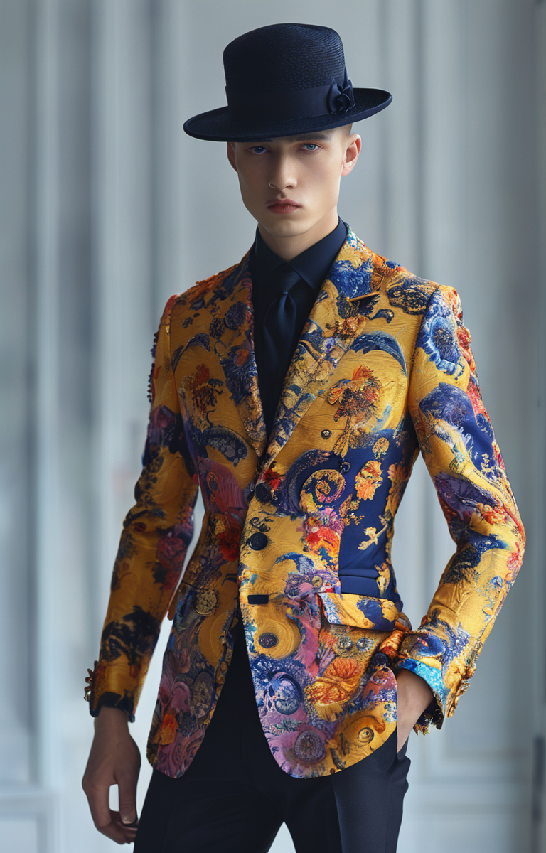 masterpiece,best quality,<lora:tbh322-sdxl:0.9>,illustration,style of Christian Dior Versace's bold baroque print suit, vibrant colors, luxury menswear, Milan fashion scene