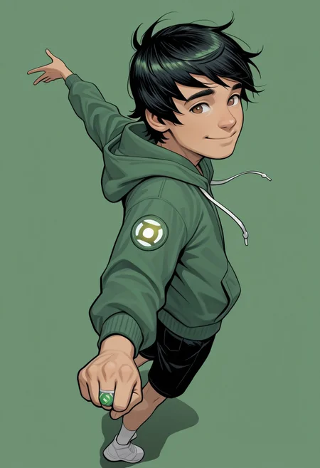 masterpiece, absurdres, high quality, perfect anatomy, 1boy, solo, cute boy, male focus, TaiPham, Black Hair, Green Lantern Ring, brown eyes, green jacket, hood, black shorts, big smile, cinematic, intricately detailed illustration, depth of field, masterpiece, best quality, amazing quality, very aesthetic, absurdres, newest, very awa,  shadow, dynamic angle, casual cosplay, dynamic pose, simple background, green theme