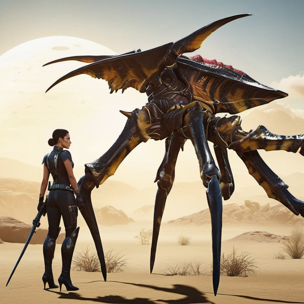 Starshiptrooper1024, a giant bug walked by a woman on a leash, full body, features intricate detail, detailed eyes, highly detailed, photography, ultra sharp, film, bokeh, professional, 4k  <lora:Starshiptrooper1024:0.8> <lora:add-detail-xl:2>